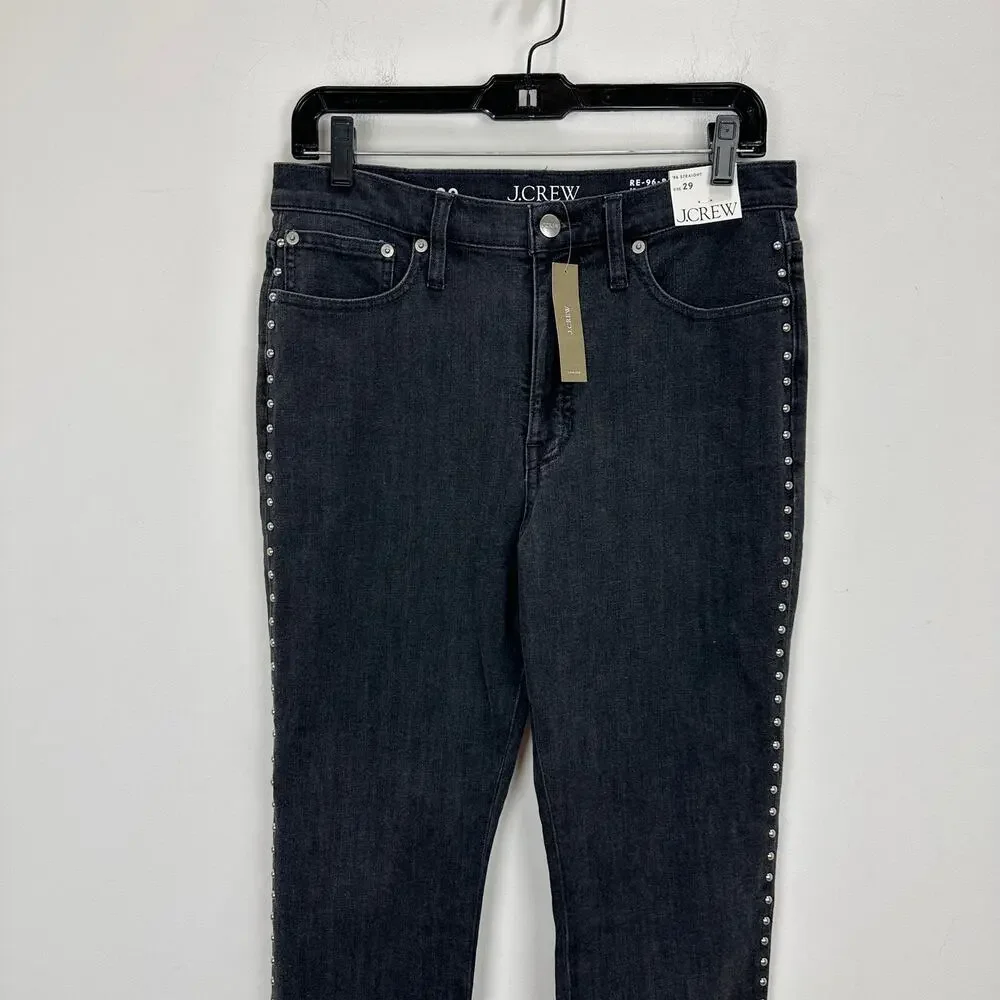 J.Crew Studded High Rise Straight Jean 1996 Semi Stretch Washed Black US 29 MWT